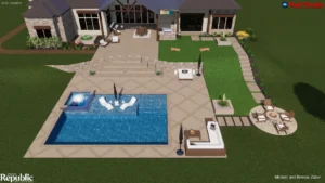 Aerial view of a modern backyard featuring a pool, spa, seating areas, and landscaped gardens around a stylish home