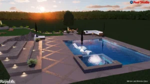 A beautiful outdoor pool area featuring lounge chairs, a fire pit, and sunset views surrounded by green landscaping